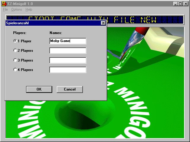 TZ-Minigolf (Windows 3.x) screenshot: Starting a new game means entering players' names. Though the box looks big the game only allows nine characters