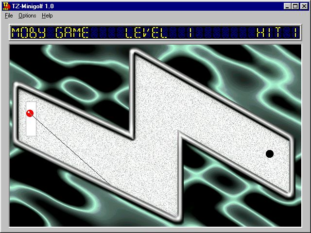 TZ-Minigolf (Windows 3.x) screenshot: Hole one, showing the ball placed on the starting mat. The line extending from the ball follows the cursor and shows the direction and strength of the shot