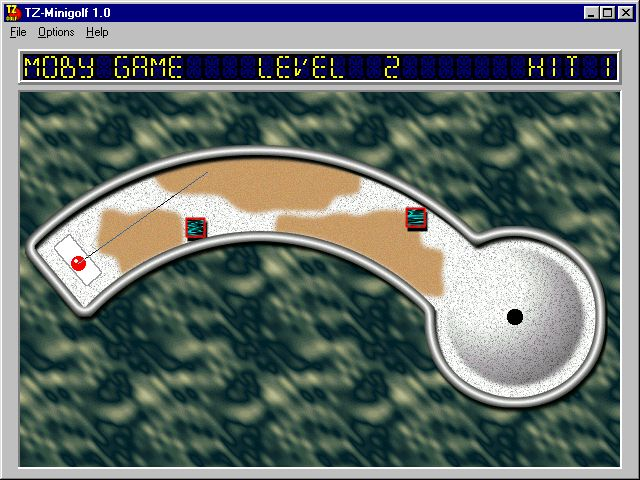TZ-Minigolf (Windows 3.x) screenshot: Hole two introduces sand traps and obstacles