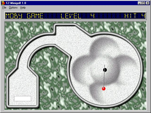 TZ-Minigolf (Windows 3.x) screenshot: Hole four. Here the strength of the shot, as indicated by the line, is more than is needed to reach the hole as the player is playing an uphill shot
