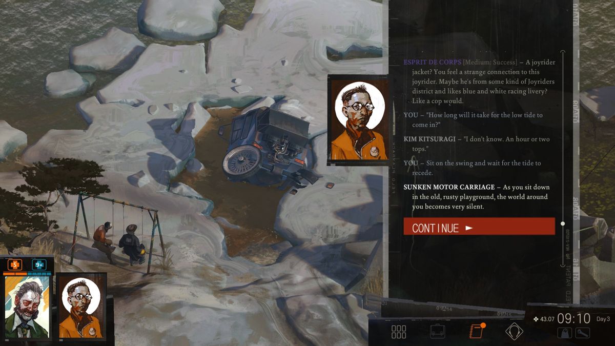 Disco Elysium (Windows) screenshot: You take a moment to rest on a swing with Kim