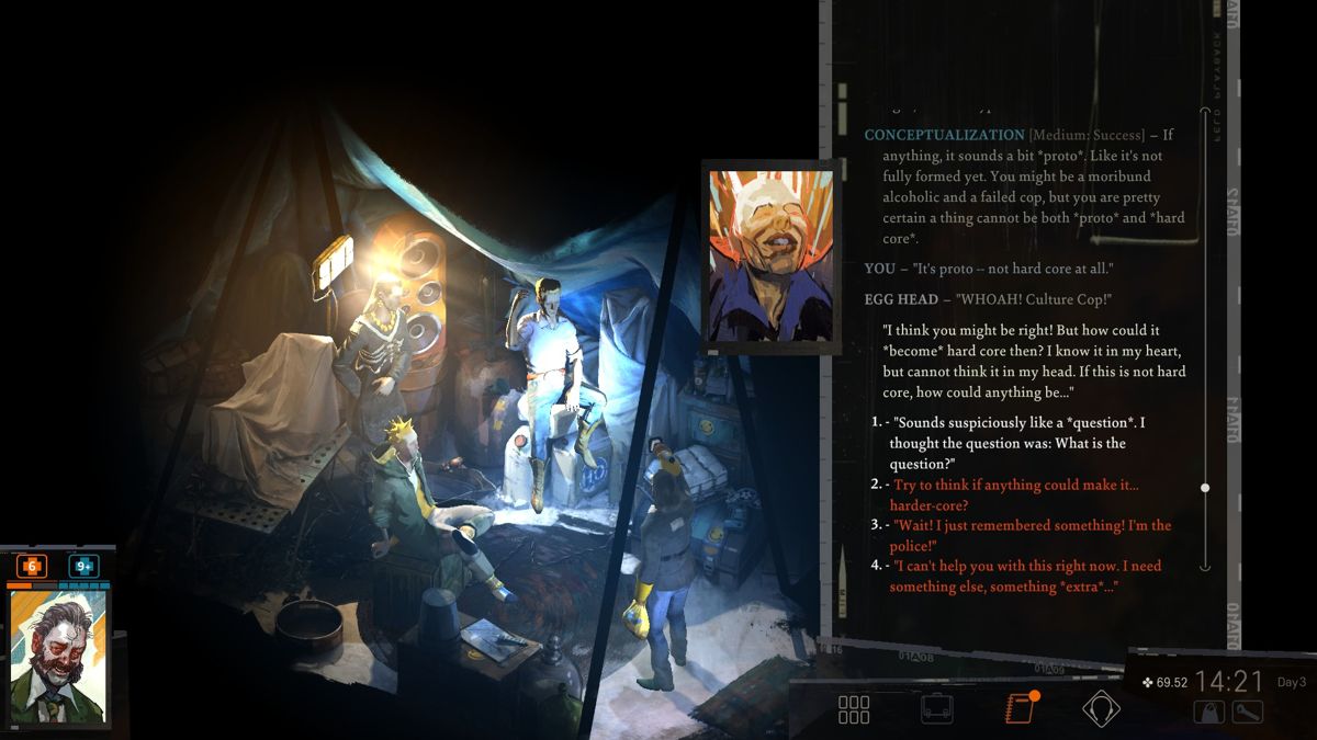 Disco Elysium (Windows) screenshot: Hardcore! Hardcore!