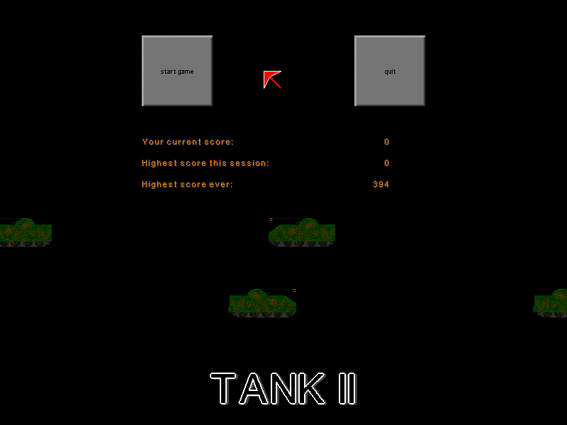 Tank2 (DOS) screenshot: Main menu, plus highscores. There is no name for your player, just the current session and max scores are kept.