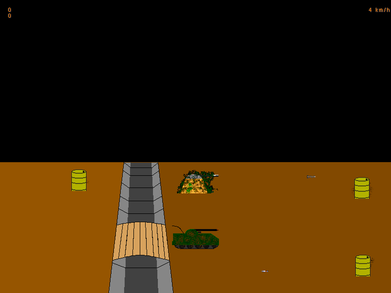 Tank2 (DOS) screenshot: The barrels and pillboxes are all enemy targets, you get points for blowing them up. If the enemy hits you, or a barrel blows up near you, you die immediately.