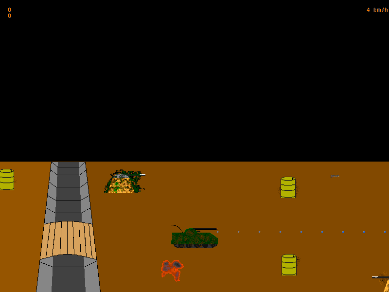 Tank2 (DOS) screenshot: Here the pillboxes aim fixed left or right only, you shoot straight right only. The red explosion is from a round fired from the lower right enemy.