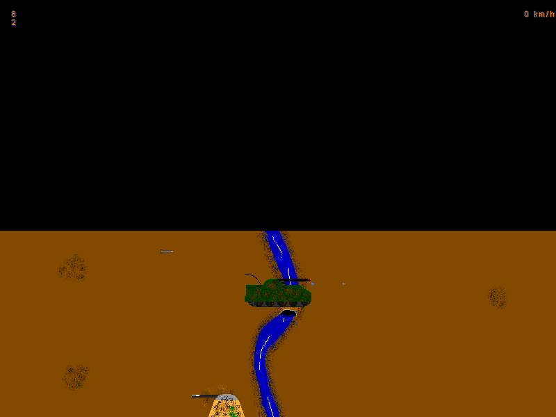 Tank2 (DOS) screenshot: You need to cross dikes and rivers using bridges. The machine gun is enough against barrels, but the main gun is needed against pillboxes and enemy tanks.