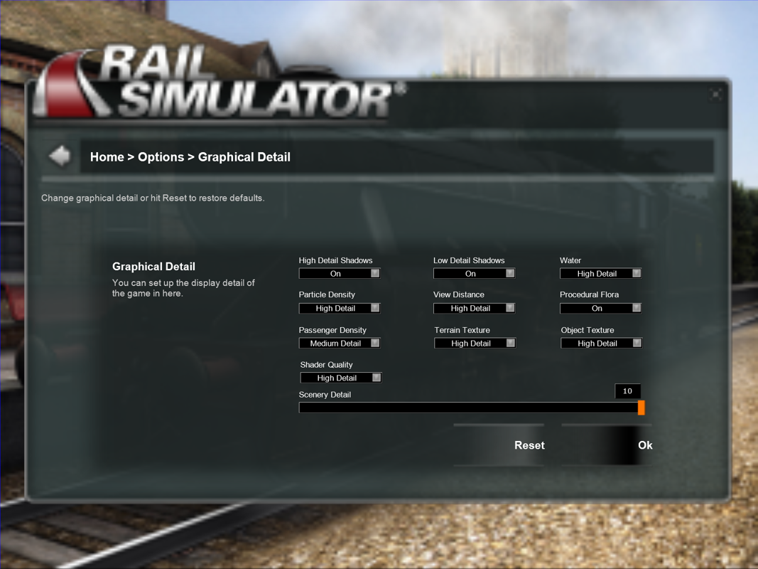 Rail Simulator (Windows) screenshot: These options are more detailed, esp. for graphics content settings, but the default setup worked fine for me.