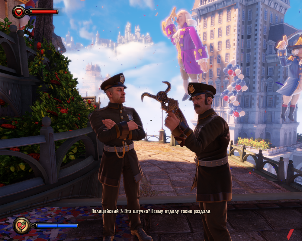 BioShock Infinite (Windows) screenshot: Policemen talk about a skyhook - looks like it's new to them too