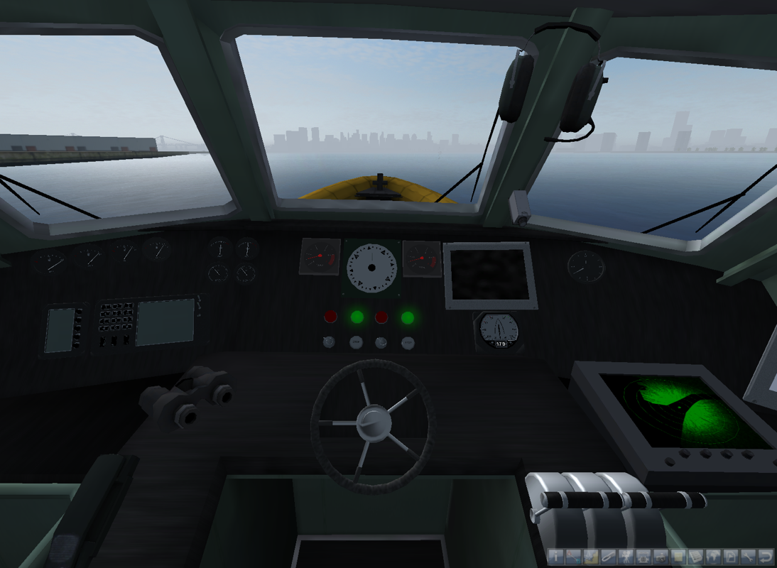 Ship Simulator 2008 (Windows) screenshot: Captains view. The GUI can be almost completely hidden, except for the lower right bar, but then you have to try and watch the instruments directly..
