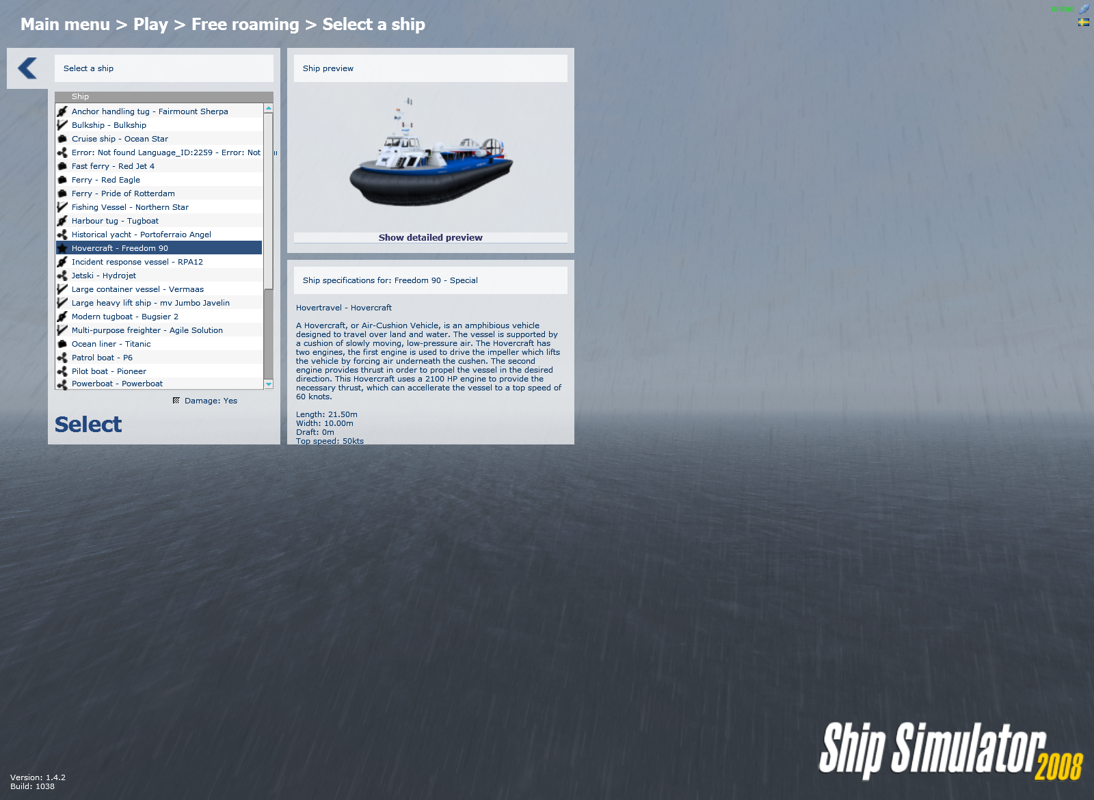 Ship Simulator 2008 (Windows) screenshot: Each ship also has a descriptive text, this is for the hovercraft Freedom 90, a passenger ferry.