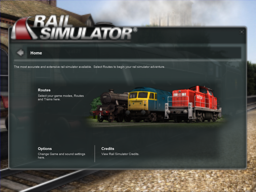 Rail Simulator (Windows) screenshot: Then the main game menu, with 'routes' as the entry to playing. There are also credits and more options here. Many of the menus have rather low resolution.