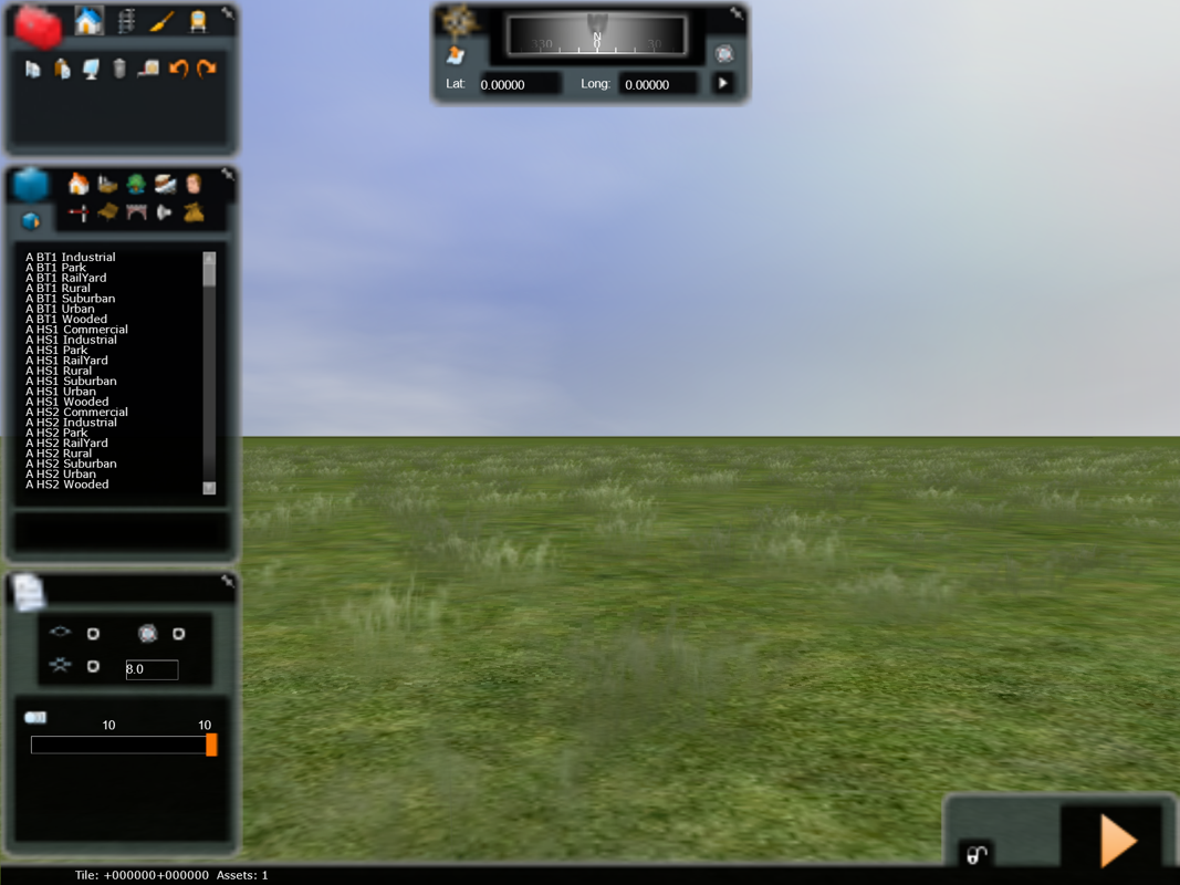 Rail Simulator (Windows) screenshot: One of the many menus in the 3D editor, this is a simplified tool, where you use ready-made objects to create an area from scratch, or based on one of the included areas.
