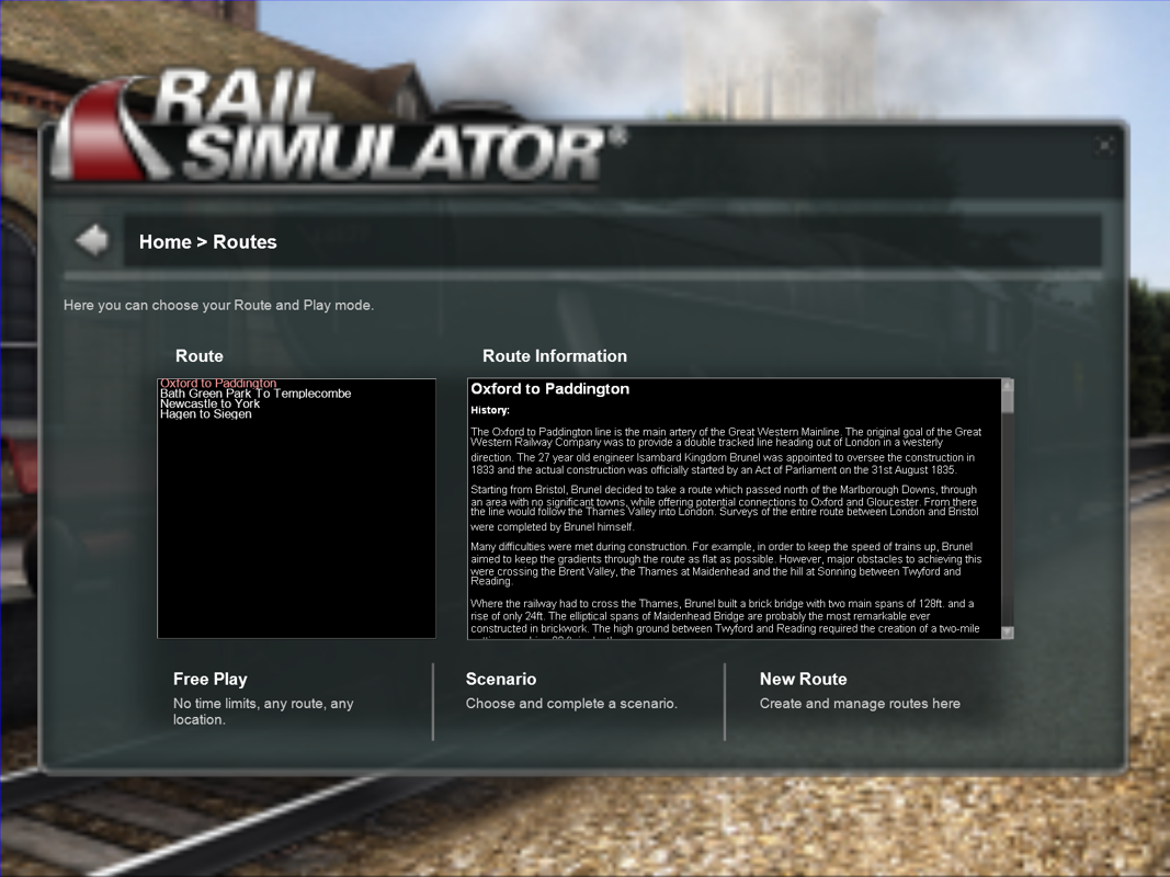 Rail Simulator (Windows) screenshot: The 'route' menu lets you choose from four ready-made railway areas, with several scenarios/missions, or you can edit your own maps using included objects.