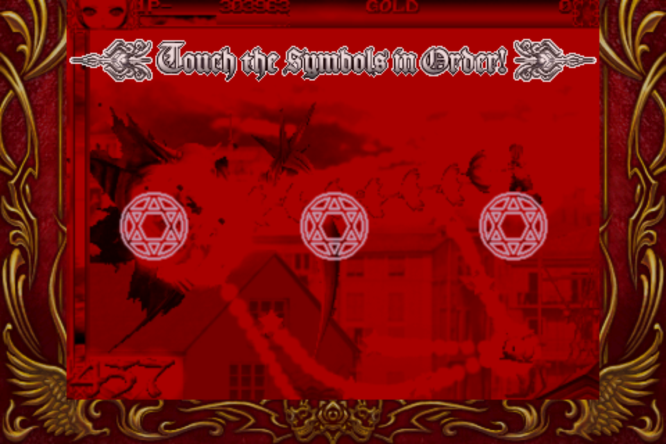 Deathsmiles (iPhone) screenshot: After defeating the boss you must press 3 symbols in the correct order.
