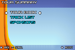 Backyard Skateboarding (Game Boy Advance) screenshot: Tour Summary menu