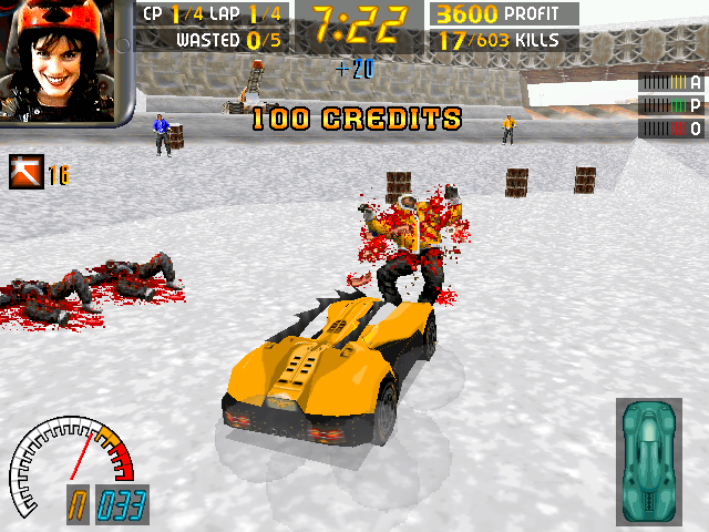 Carmageddon: Splat Pack (DOS) screenshot: Gibs on the glacier