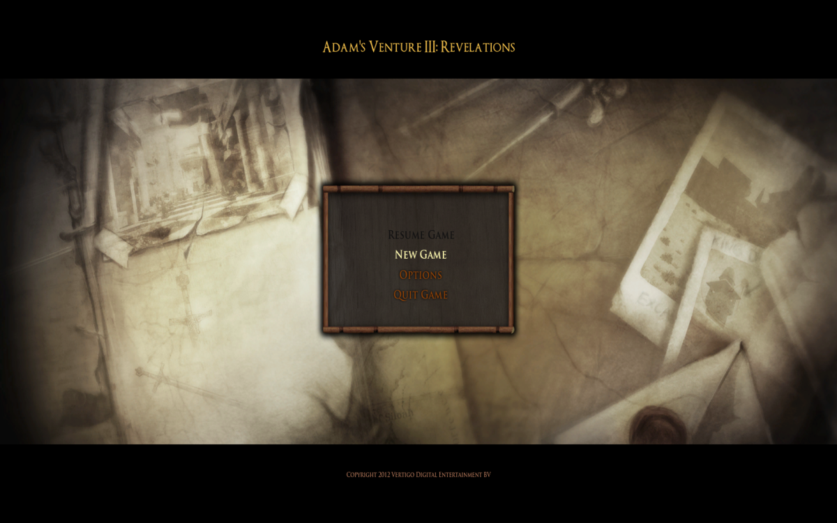 Adam's Venture: Episode 3 - Revelations (Windows) screenshot: Main menu.