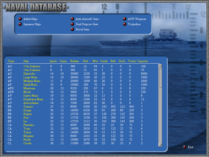 Uncommon Valor: Campaign for the South Pacific (Windows) screenshot: Naval database