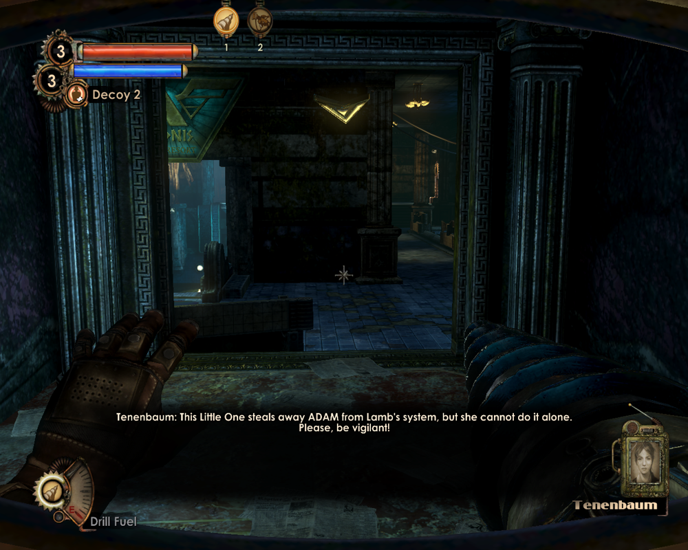BioShock 2: The Protector Trials (Windows) screenshot: The first thing you gotta do in each trial is to pick up the Little Sister (and hack all the machines in the area)