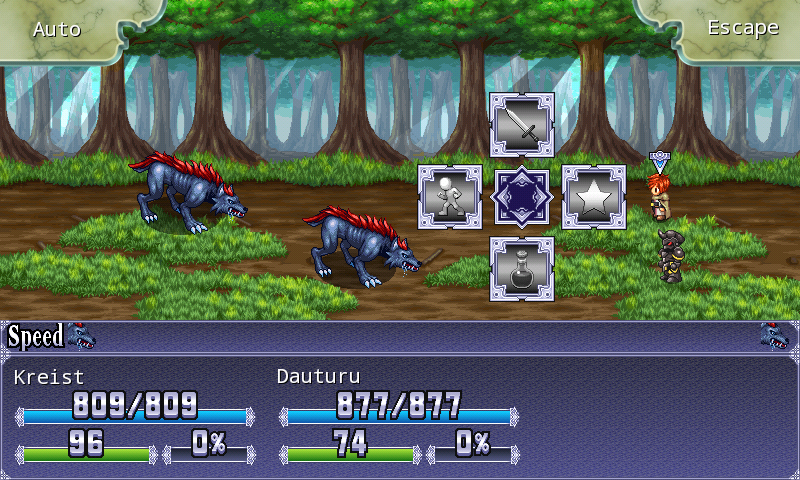 Symphony of Eternity (Android) screenshot: Combat against some wolfs - there are four basic actions as shown here