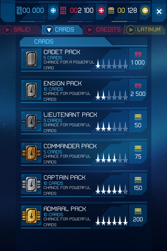 Star Trek: Rivals (iPhone) screenshot: Options for buying new card packs