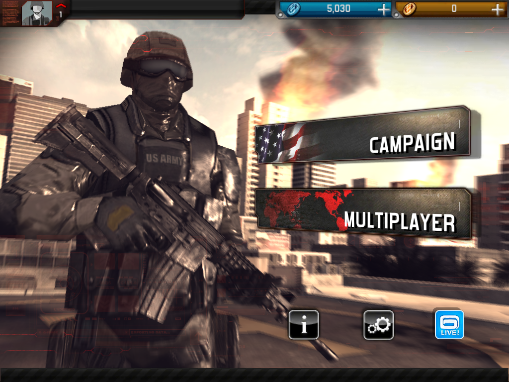 Modern Combat 3: Fallen Nation (iPad) screenshot: Main menu