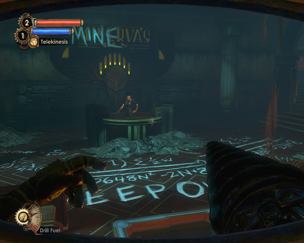 BioShock 2: Minerva's Den (Windows) screenshot: They even had reception desk with a mechanized receptionist