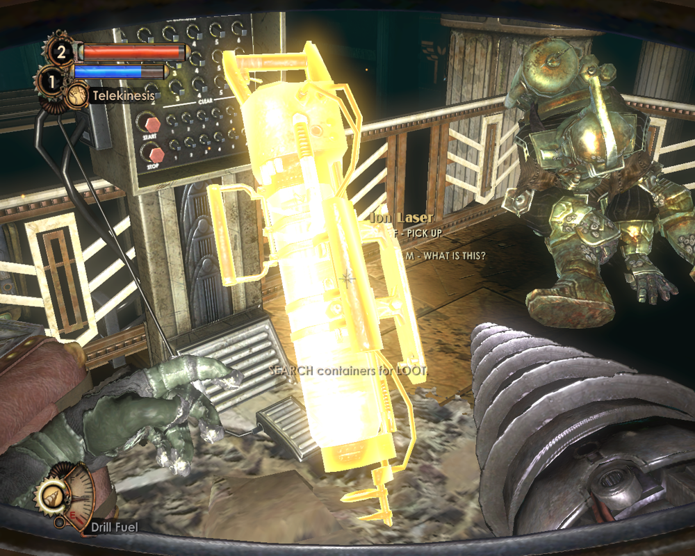BioShock 2: Minerva's Den (Windows) screenshot: The first gun you get in Minerva's Den is ion laser. Sweet!