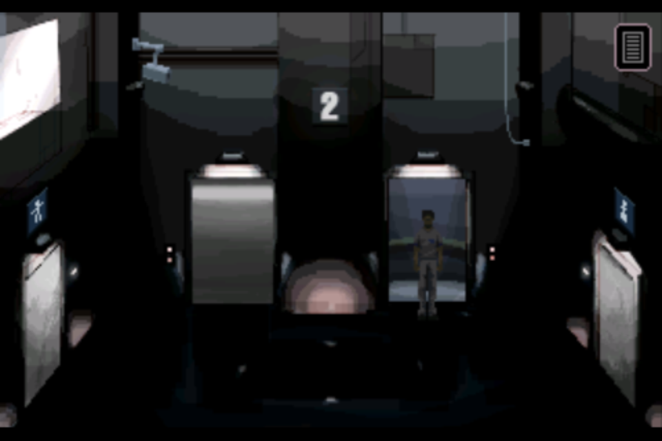 Gemini Rue (iPhone) screenshot: Elevators are found several places in the game.