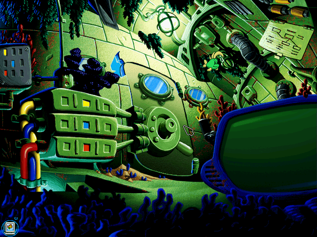 Freddi Fish 5: The Case of the Creature of Coral Cove (Windows) screenshot: Freddi is too big to fit through a little hole next to the ship's door - Luther now needs to open the door for her!