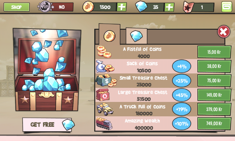 Blitz Brigade (Android) screenshot: Diamonds and coins are needed to buy items