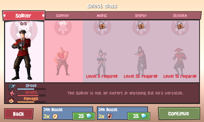 Blitz Brigade (Android) screenshot: There are five classes, but only two are available from the start