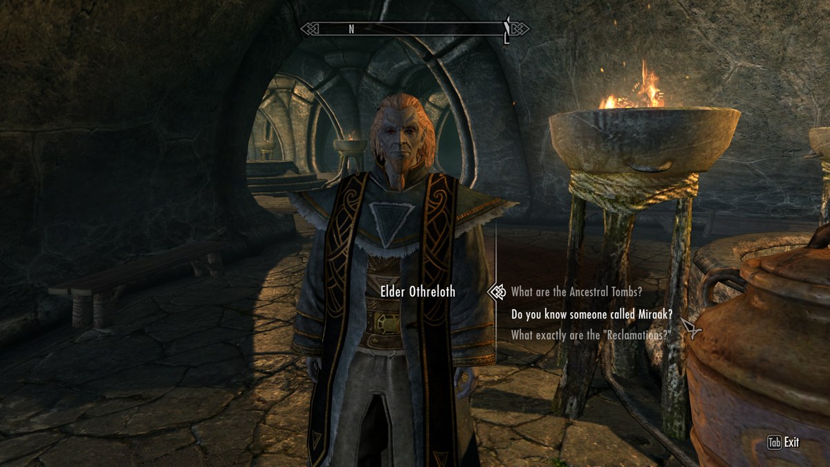The Elder Scrolls V: Skyrim - Dragonborn (Windows) screenshot: Maybe this Elder from the Raven Rock temple knows something about Miraak.