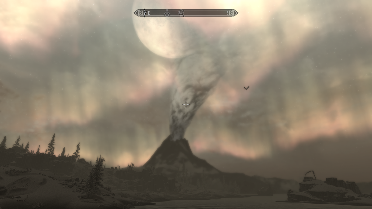 The Elder Scrolls V: Skyrim - Dragonborn (Windows) screenshot: The Red Mountain seen from the south coast of Solstheim.