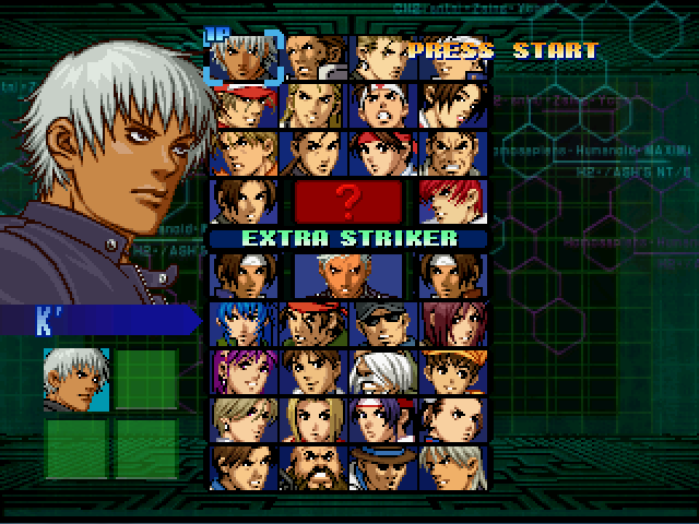 The King of Fighters: Evolution (Dreamcast) screenshot: Character select screen: Krizalid is available without cheats.