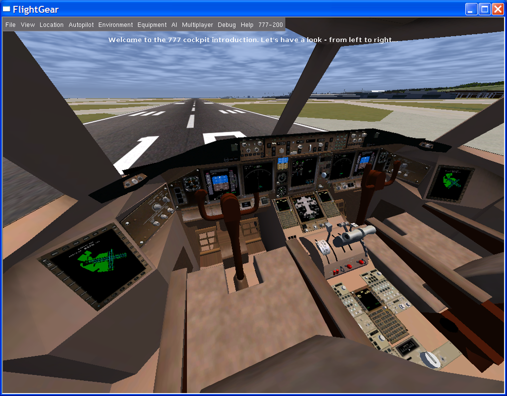 FlightGear (Windows) screenshot: A tutorial for this specific aircraft lets us look through the various cockpit parts. At the top menu right is a custom item for this aircraft.