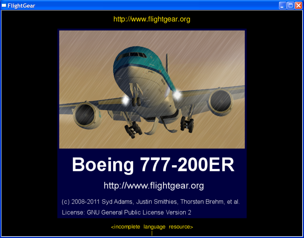 FlightGear (Windows) screenshot: A custom loading screen for our selected aircraft, the Boeing 777.