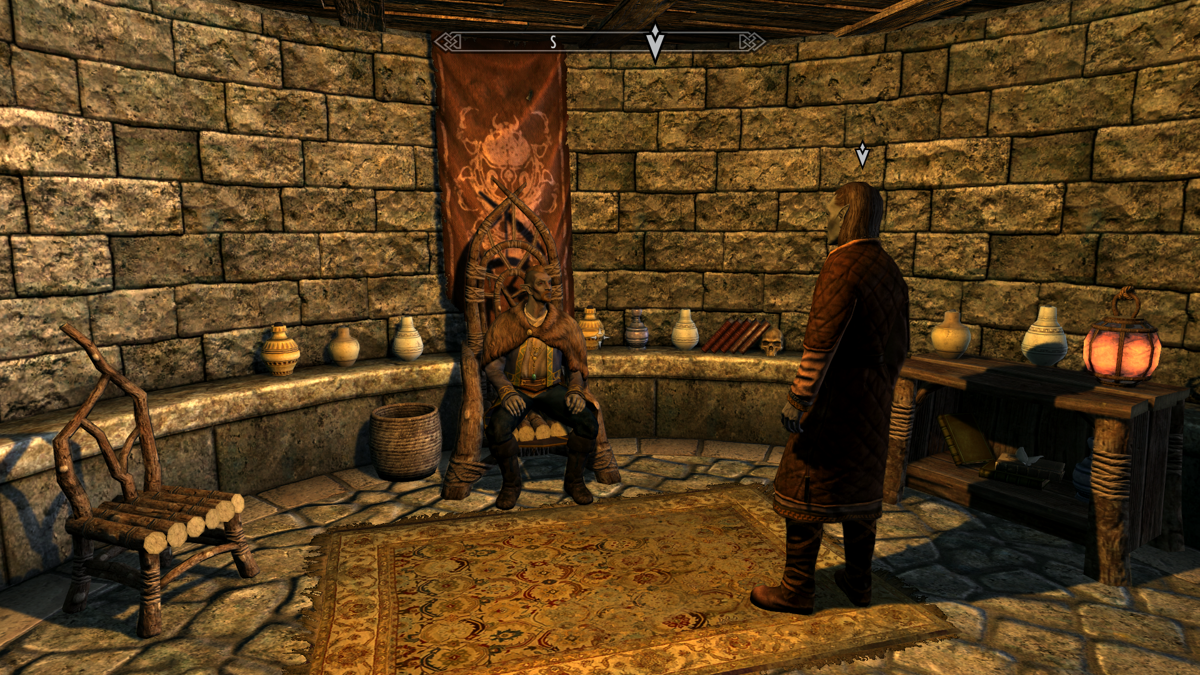 The Elder Scrolls V: Skyrim - Dragonborn (Windows) screenshot: Meeting Lleril Morvayn, the councilor of Raven Rock and ruler of Solstheim.