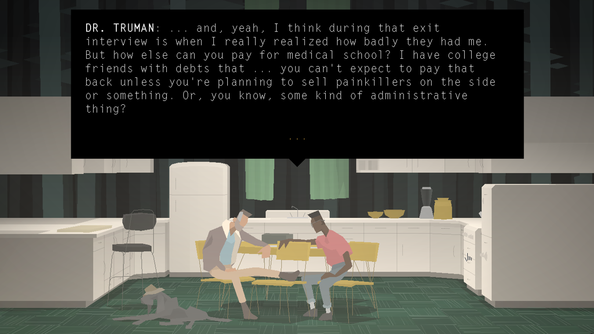 Kentucky Route Zero (Windows) screenshot: Act 2: Finally Conway meets Dr. Truman to have him take a look at his injured leg.