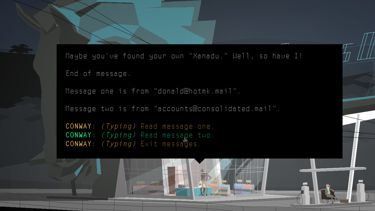 Kentucky Route Zero: Act I (Windows) screenshot: Reading the gas attendant's e-mail.