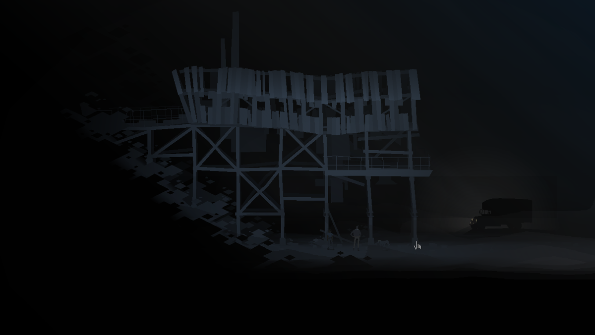 Kentucky Route Zero: Act I (Windows) screenshot: Outside the mine, Conway is hurt.