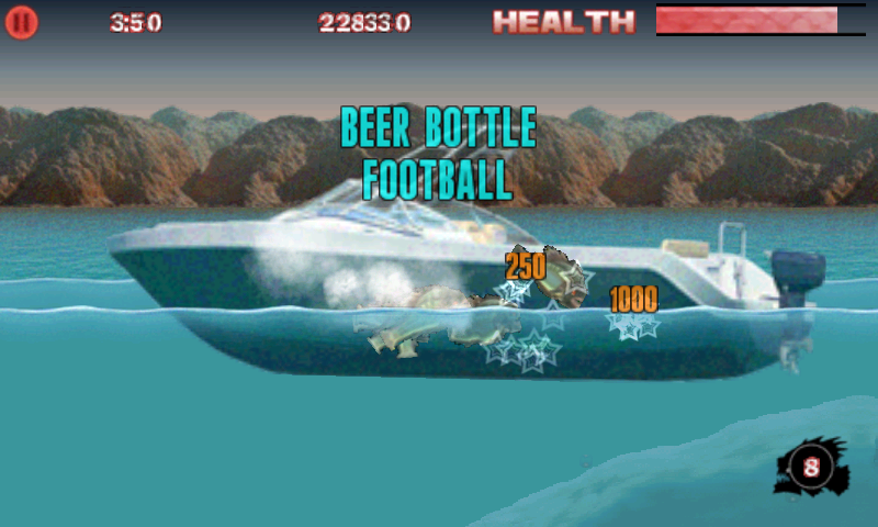 Piranha 3DD: The Game (Android) screenshot: Various items are dropped from people