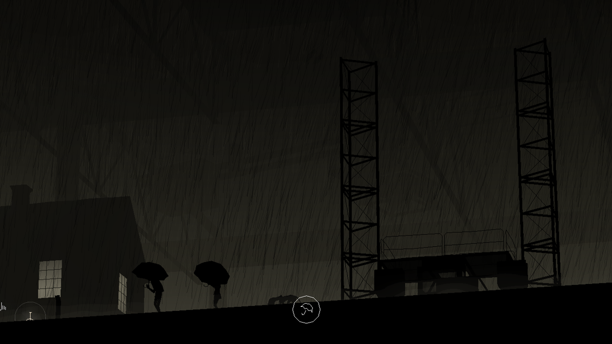 Kentucky Route Zero (Windows) screenshot: Act 2: Outside in the rain. You get to use the umbrella at your own leisure, but other characters will comment on it.
