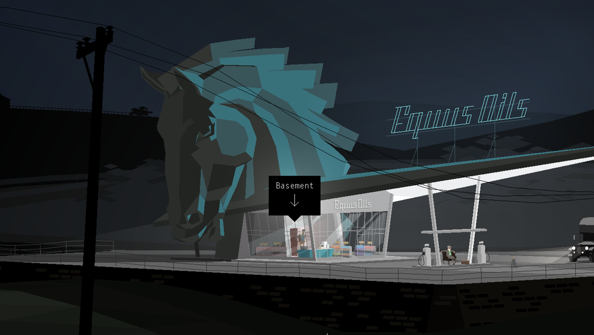 Kentucky Route Zero: Act I (Windows) screenshot: Back outside the gas station, but now at night.