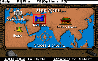 Super Solvers: Challenge of the Ancient Empires! (DOS) screenshot: Map menu -- Choose your cavern!