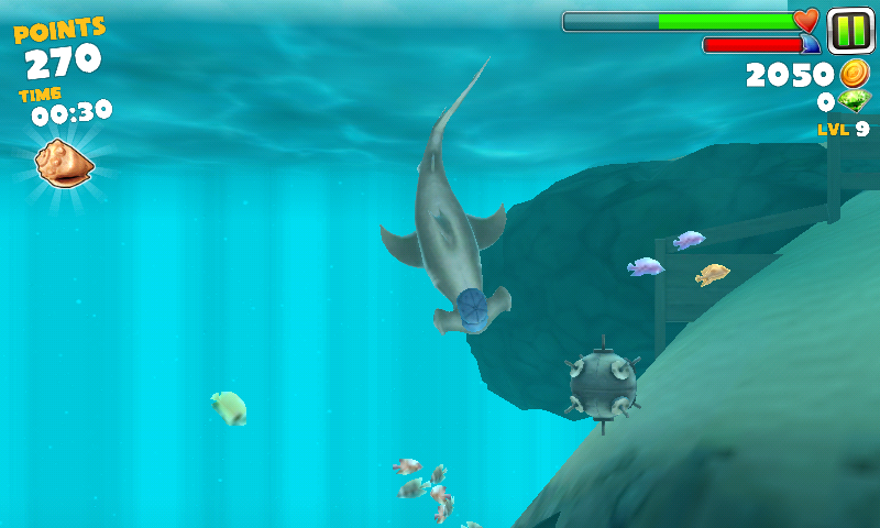 Hungry Shark: Evolution (Android) screenshot: A shark wearing a baseball cap. Why not?