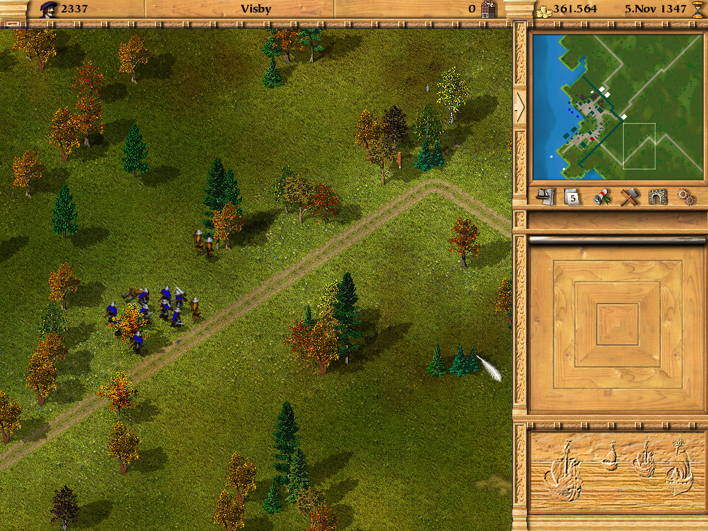 Patrician III (Windows) screenshot: Visby had better luck. Their swordsmen (blue) are chasing off the attackers.
