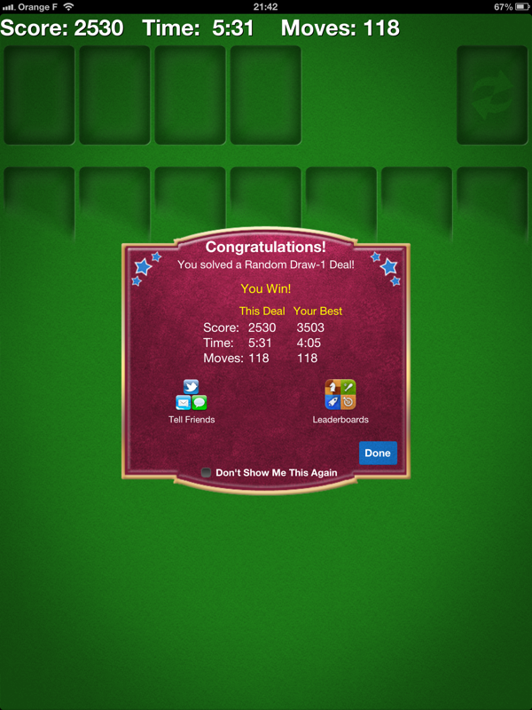 Solitaire (iPad) screenshot: This is one of the game's 'Achievement' screens. This is a minor achievement where the player has set a new personal best (v3.8.1).