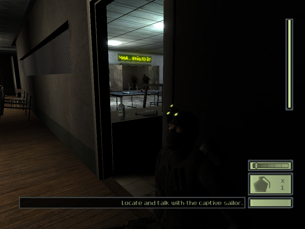 Tom Clancy's Splinter Cell: Mission-Pack (Windows) screenshot: Vselka Infiltration - Soldiers leaving the canteen.