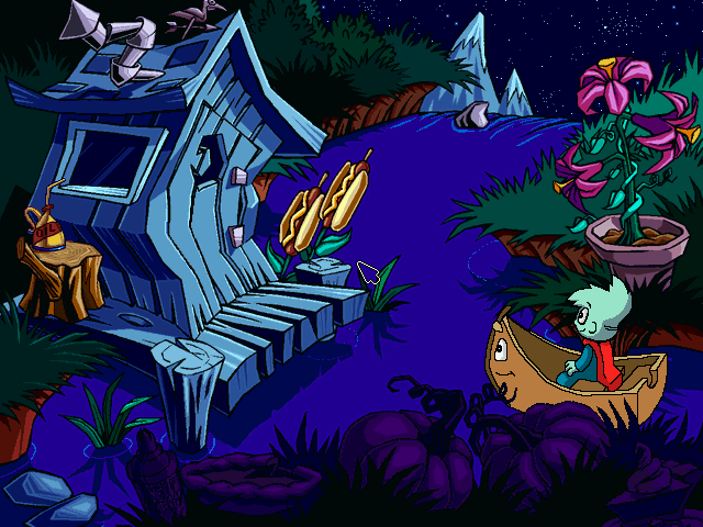 Pajama Sam: No Need to Hide When It's Dark Outside (Windows) screenshot: The outhouse and the waterfall